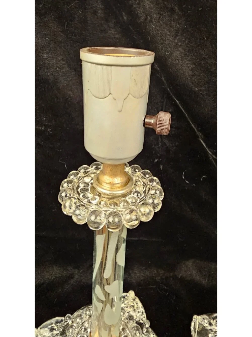 Vintage Pair Of Berwick Crystal Table Lamps With Etched Glass Columns & Candlewi